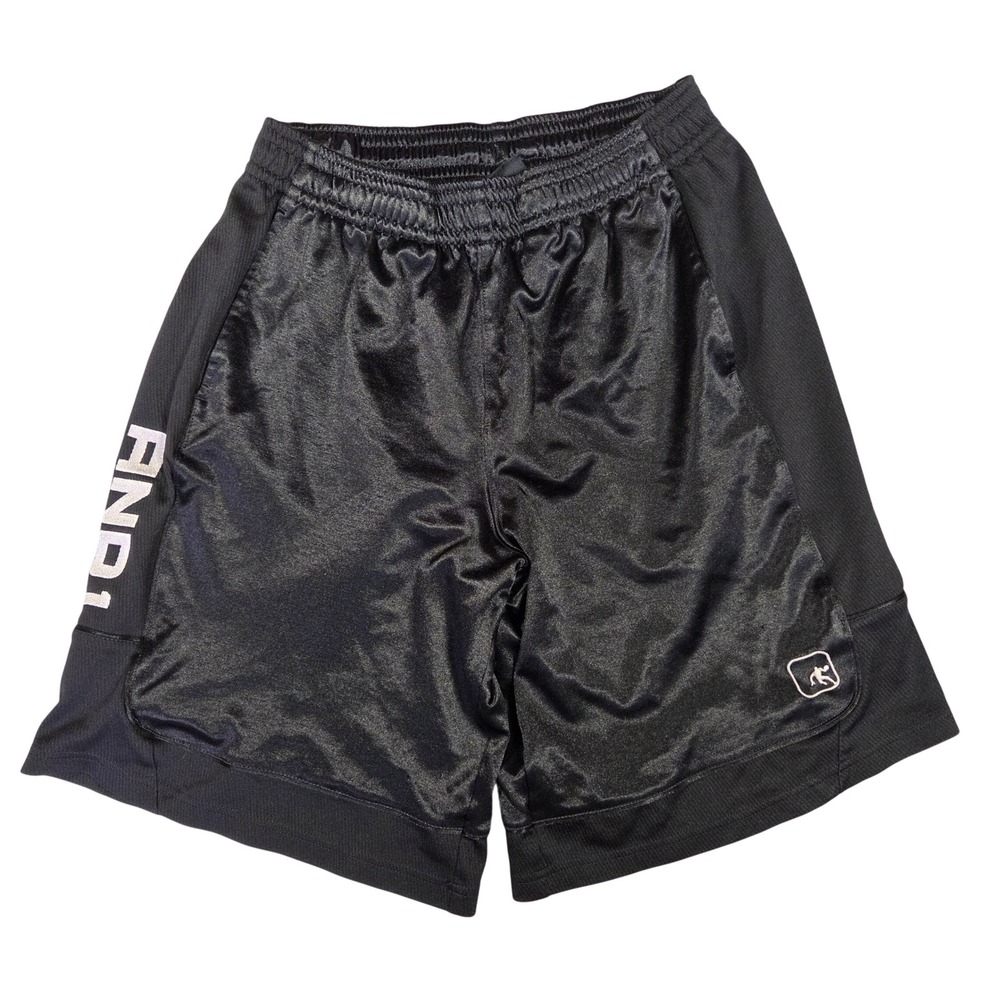 AND1 Mens Black Basketball Shorts Mesh Side Stripe Satin Finish Size Medium Y2k
